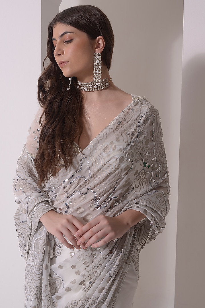 Ecru Organza Foil Printed & Sequins Embroidered Party Wear Saree Set by Shwetanga at Pernia's Pop Up Shop