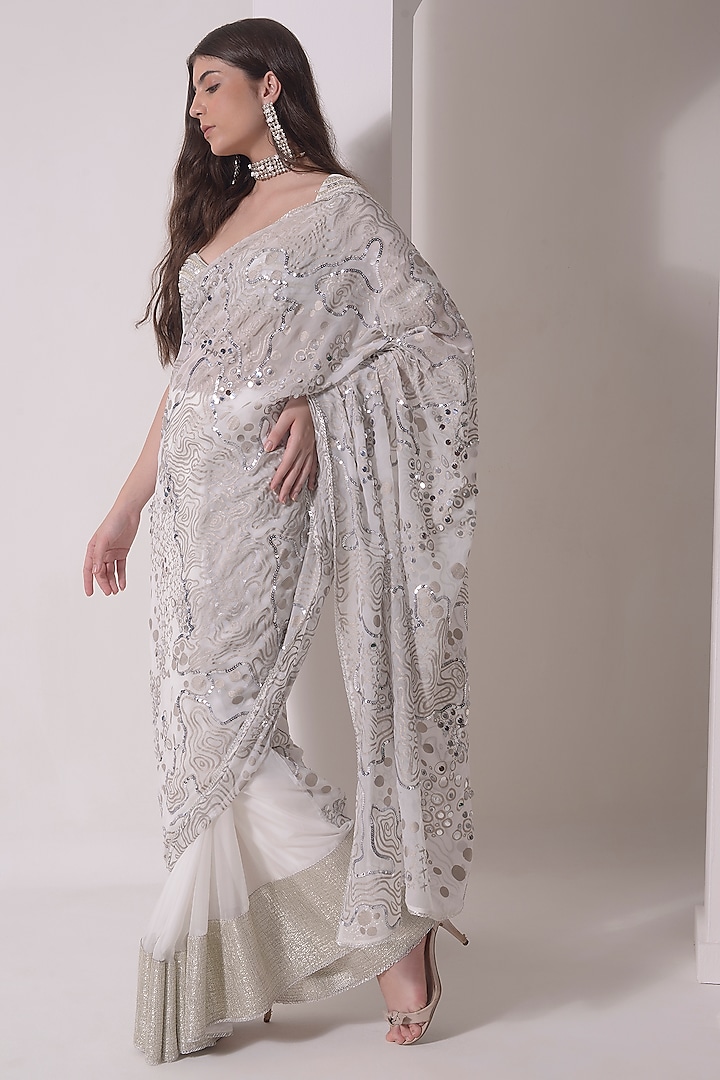 Ecru Organza Foil Printed & Sequins Embroidered Party Wear Saree Set by Shwetanga at Pernia's Pop Up Shop