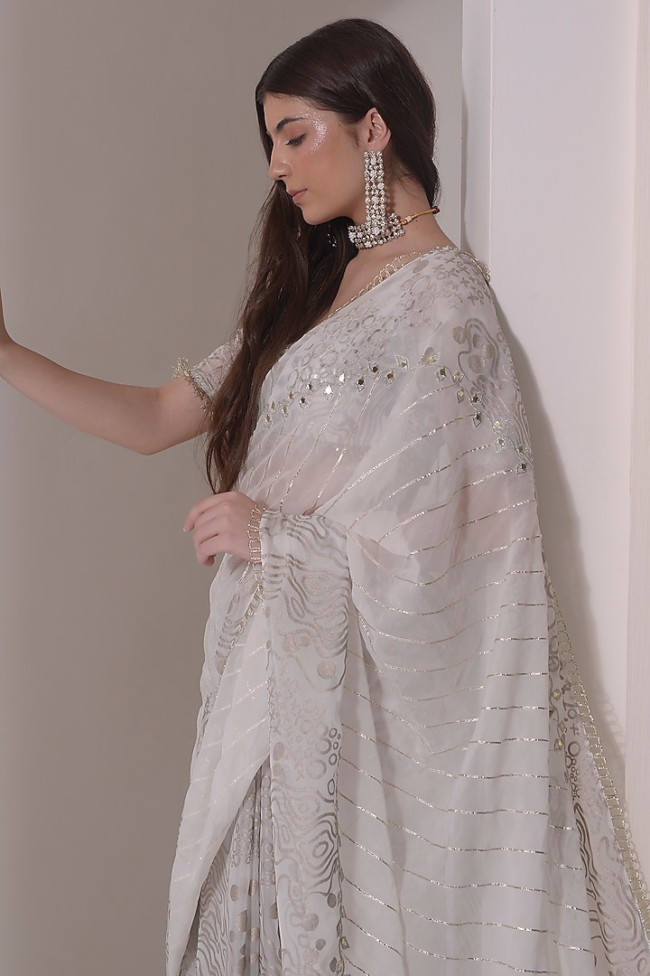 Ecru Organza Patchwork Embroidered Party Wear Saree Set by Shwetanga at Pernia's Pop Up Shop