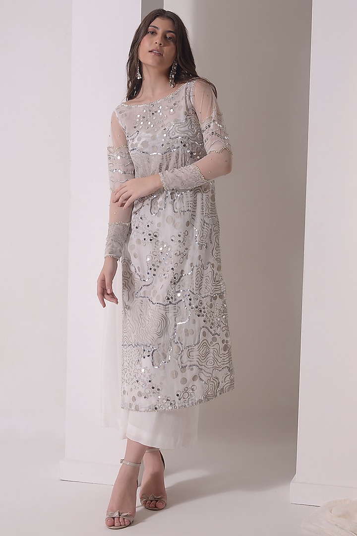 Ecru Crepe & Organza Foil Printed Kurta Set by Shwetanga at Pernia's Pop Up Shop