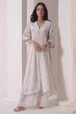 Ecru Crepe Patchwork Embroidered Kaftan Kurta Set by Shwetanga