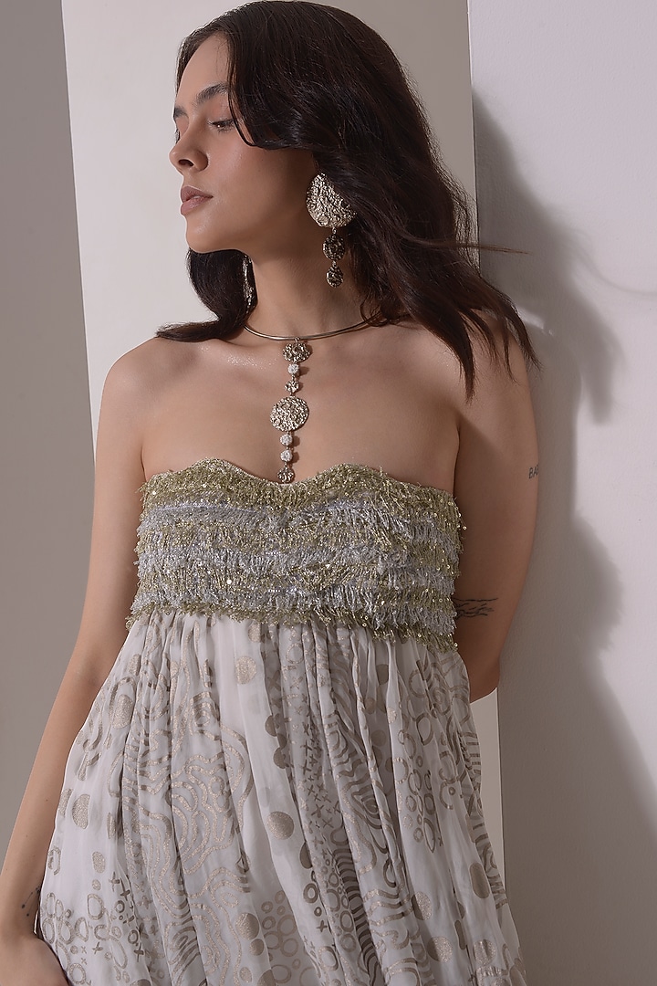 Ecru Organza Foil Printed Vacation Dress by Shwetanga at Pernia's Pop Up Shop