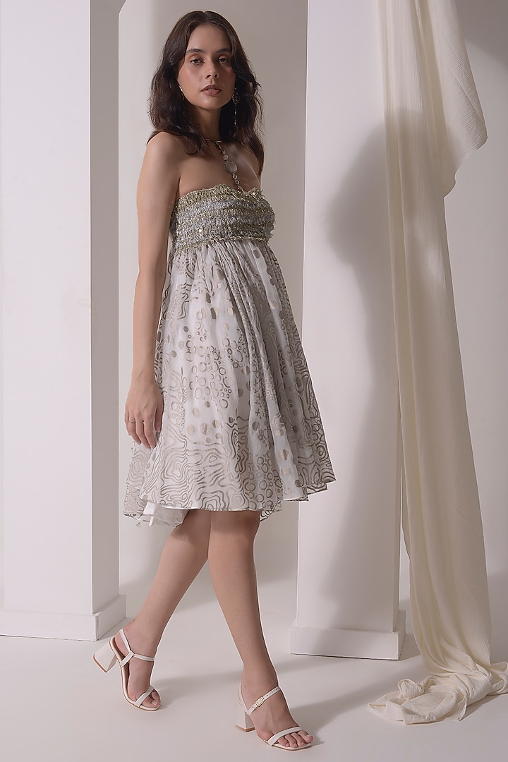 Ecru Organza Foil Printed Vacation Dress by Shwetanga at Pernia's Pop Up Shop