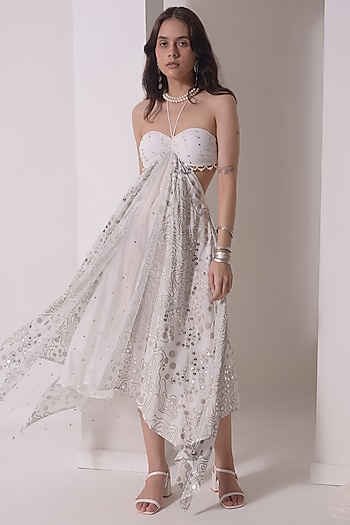 Ecru Organza & Mukaish Net Asymmetrical Handkerchief Vacation Dress by Shwetanga at Pernia's Pop Up Shop