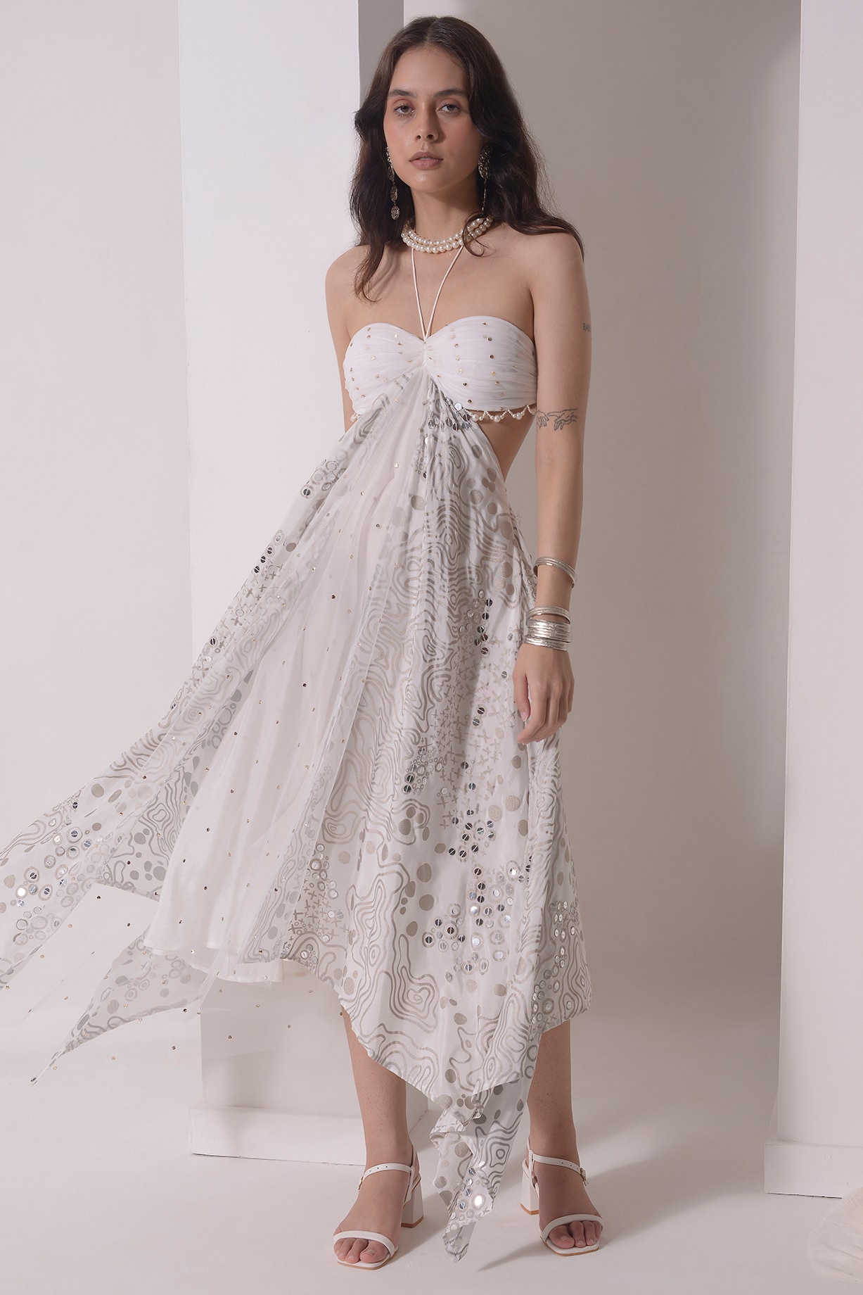 Pernia's Pop Up Shop - Shwetanga Women Ecru Organza & Mukaish Net Asymmetrical Handkerchief Dress Pernia's Pop Up Shop - Shwetanga Women Ecru Organza & Mukaish Net Asymmetrical Handkerchief Dress