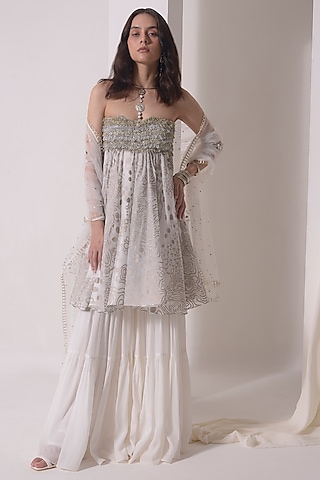 Ecru Organza & Mukaish Net Gathered Sharara Set by Shwetanga