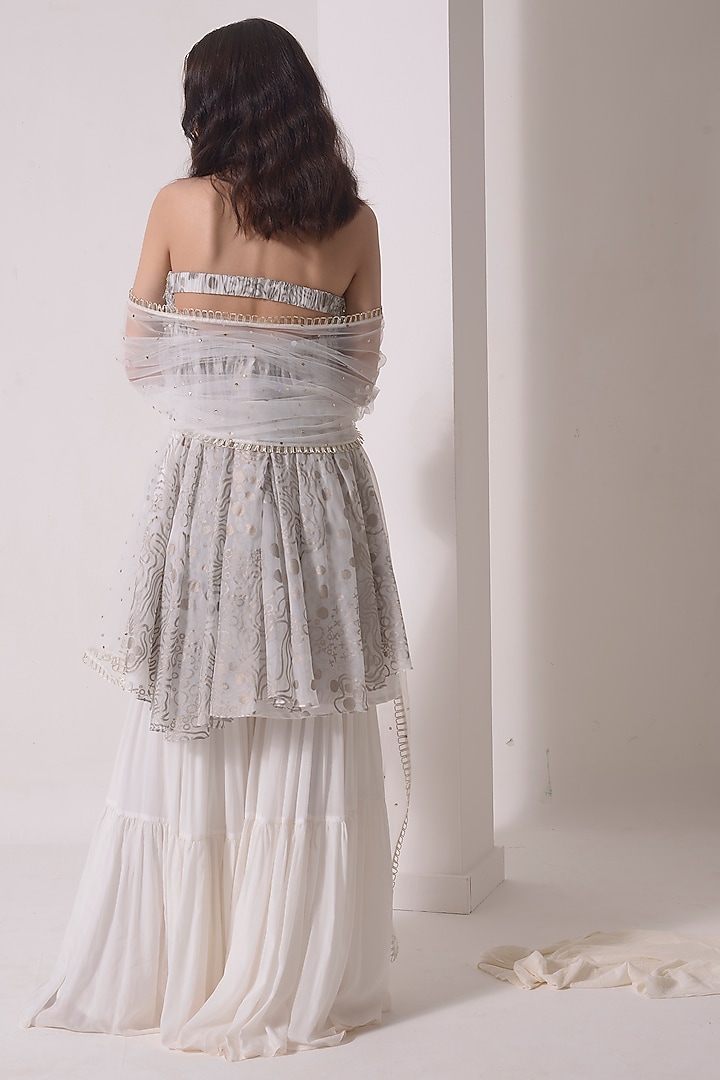 Ecru Organza & Mukaish Net Gathered Party Wear Sharara Set by Shwetanga at Pernia's Pop Up Shop