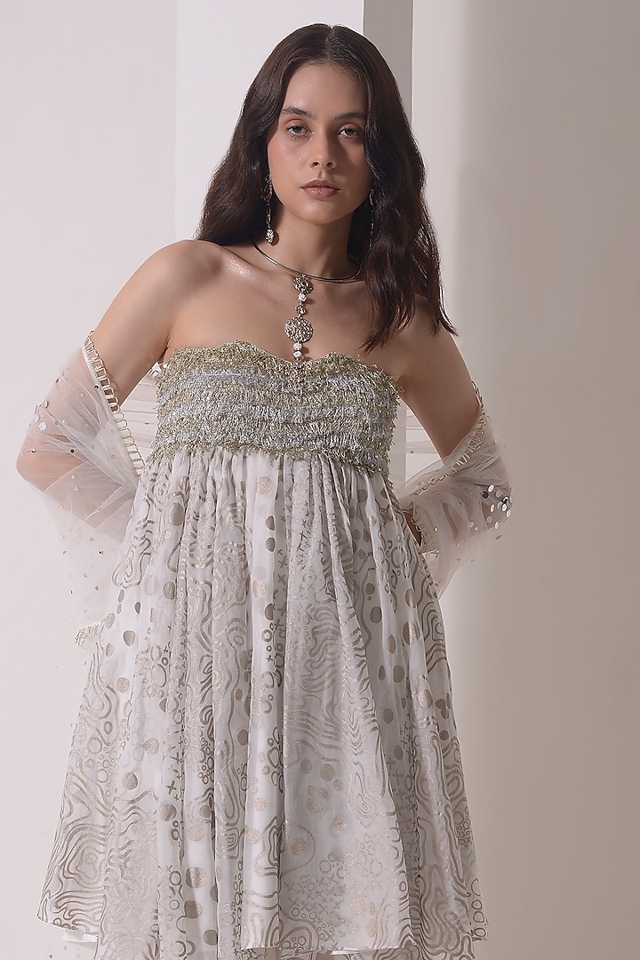 Ecru Organza & Mukaish Net Gathered Party Wear Sharara Set by Shwetanga at Pernia's Pop Up Shop