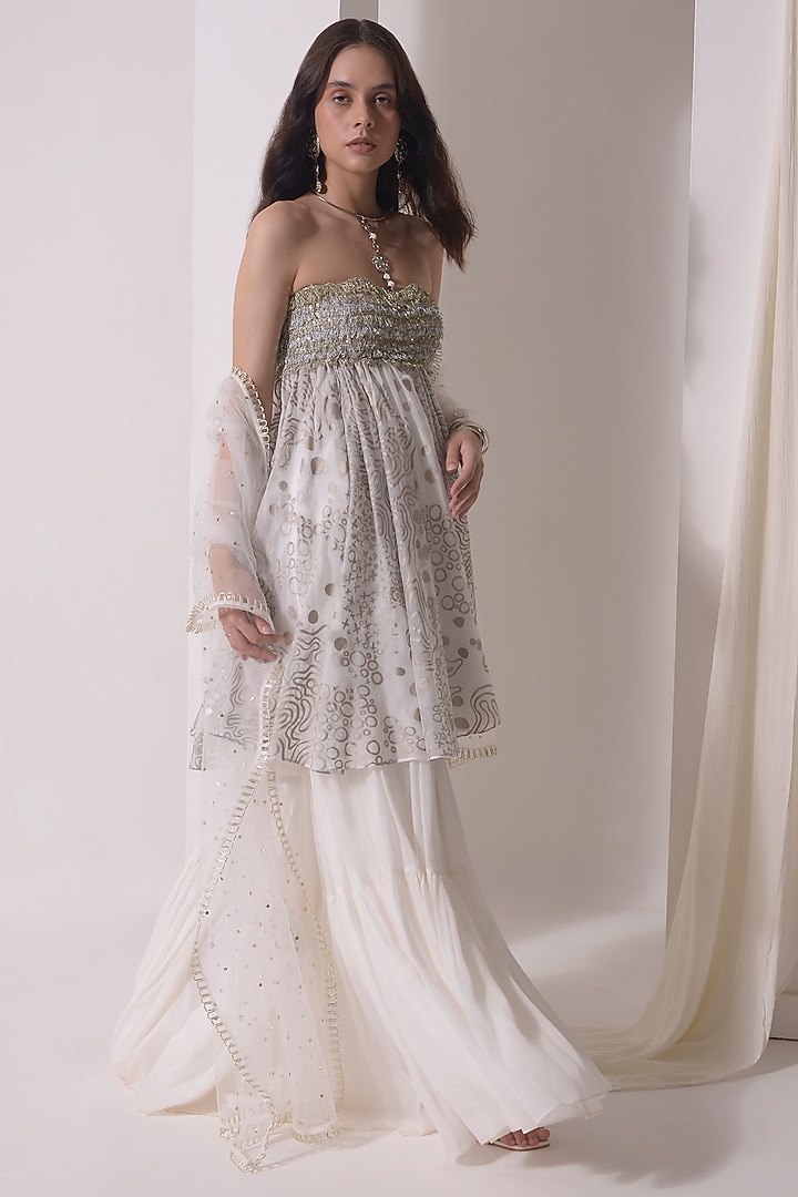 Ecru Organza & Mukaish Net Gathered Party Wear Sharara Set by Shwetanga at Pernia's Pop Up Shop