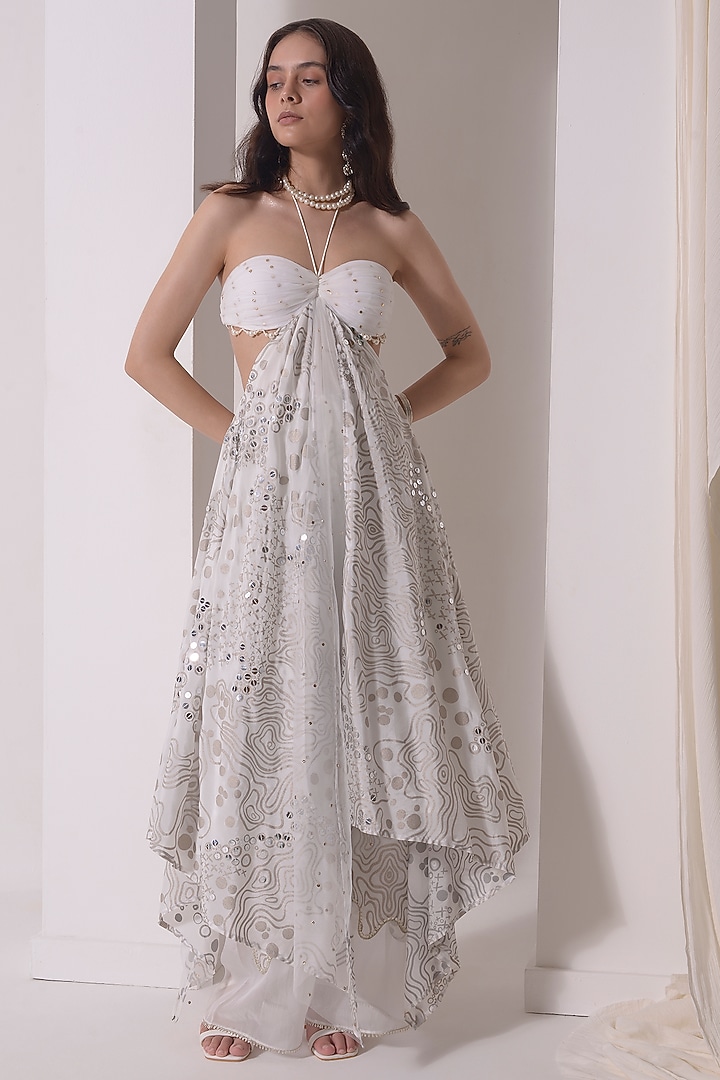 Ecru Mukaish Net & Organza Asymmetrical Ruched Tunic Set by Shwetanga at Pernia's Pop Up Shop