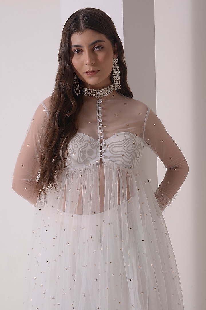 Ecru Tulle Tiered Party Wear Sharara Set by Shwetanga at Pernia's Pop Up Shop