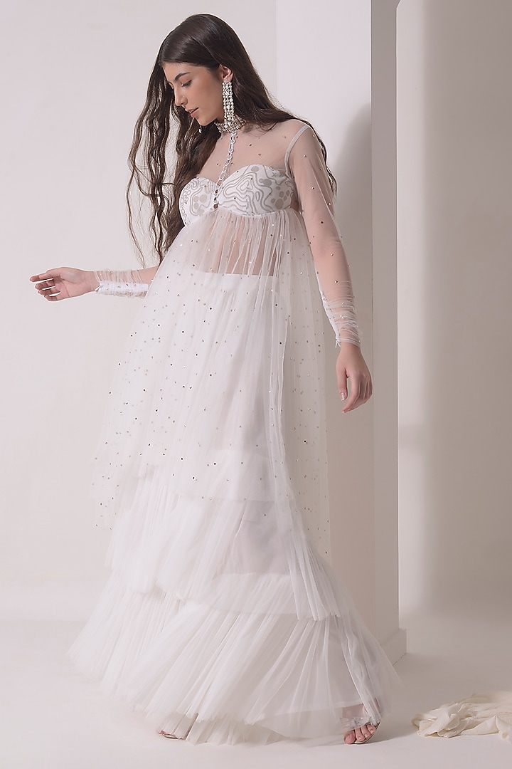 Ecru Tulle Tiered Party Wear Sharara Set by Shwetanga at Pernia's Pop Up Shop