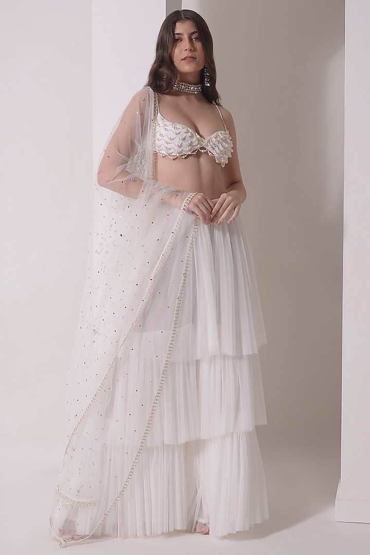 Ecru Tulle Tiered Party Wear Sharara Set by Shwetanga at Pernia's Pop Up Shop