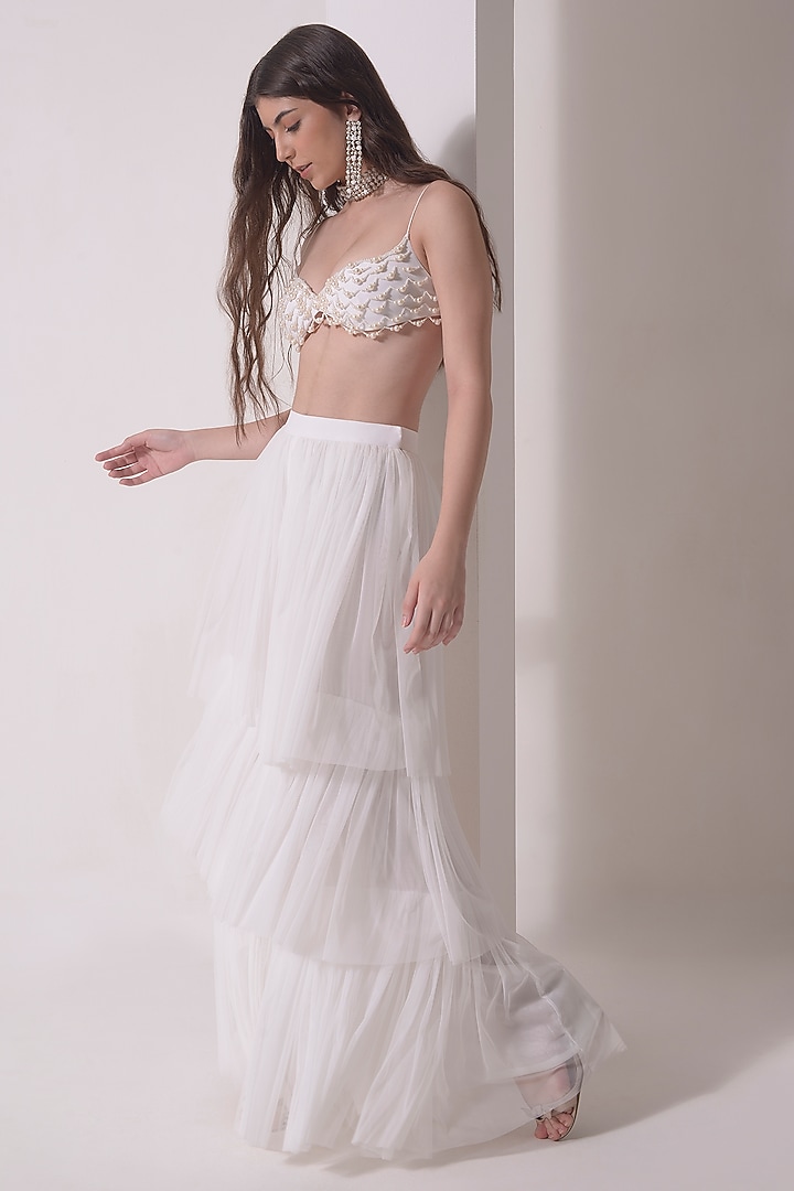 Ecru Tulle Tiered Party Wear Sharara Set by Shwetanga at Pernia's Pop Up Shop