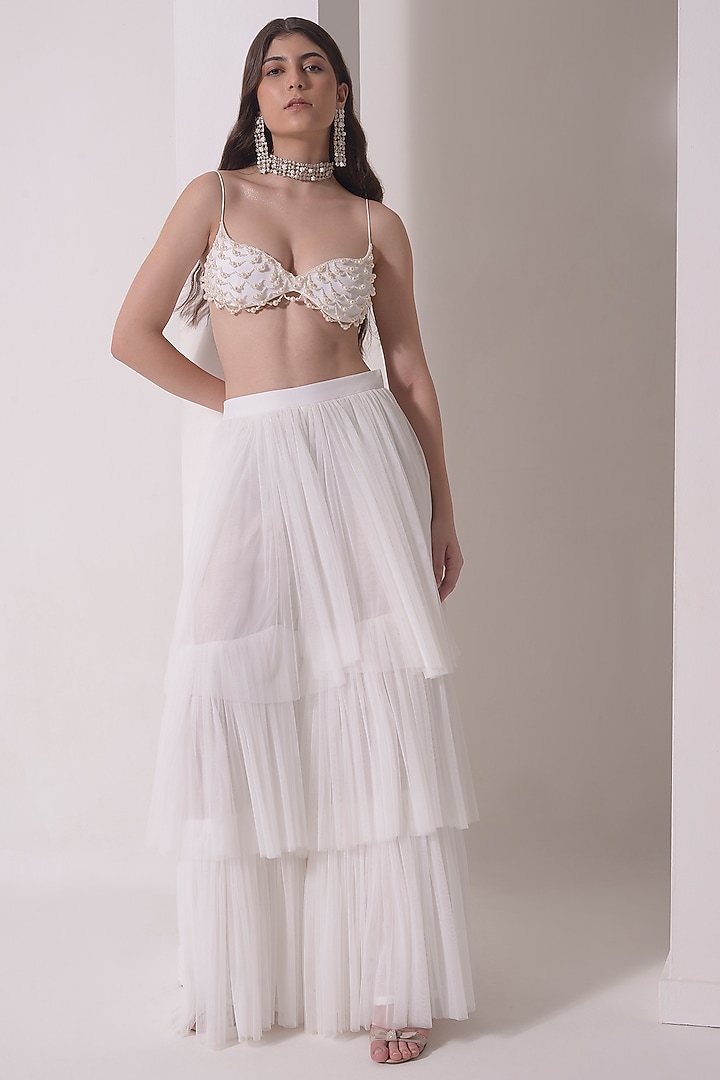 Ecru Tulle Tiered Party Wear Sharara Set by Shwetanga at Pernia's Pop Up Shop