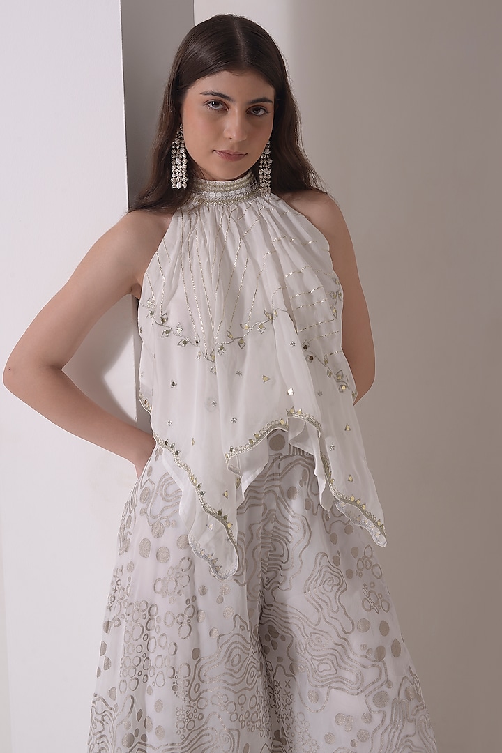 Ecru Organza Foil Printed Flared Party Wear Sharara Set by Shwetanga at Pernia's Pop Up Shop