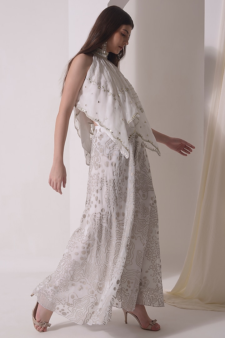 Ecru Organza Foil Printed Flared Party Wear Sharara Set by Shwetanga at Pernia's Pop Up Shop
