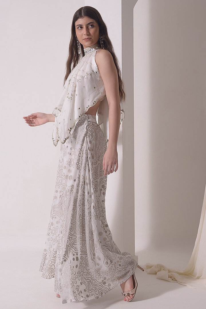 Ecru Organza Foil Printed Flared Party Wear Sharara Set by Shwetanga at Pernia's Pop Up Shop