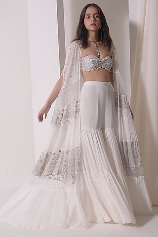 Ecru Mukaish Net & Crepe Gathered Sharara Set by Shwetanga