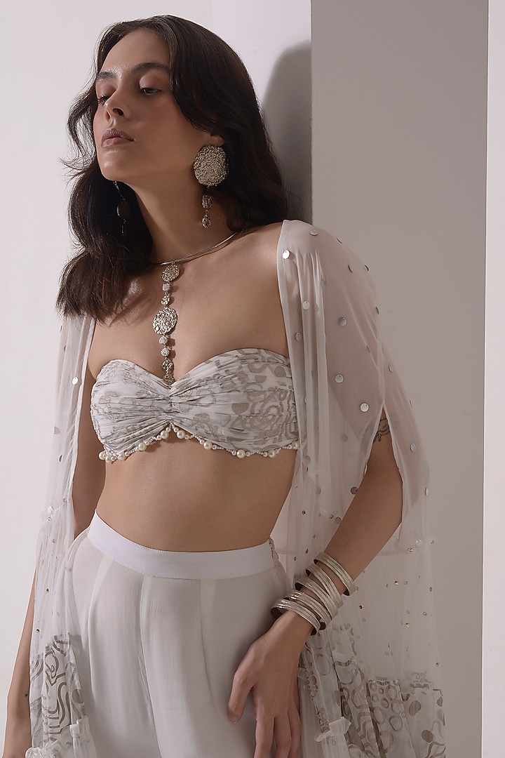 Ecru Mukaish Net & Crepe Gathered Party Wear Sharara Set by Shwetanga at Pernia's Pop Up Shop