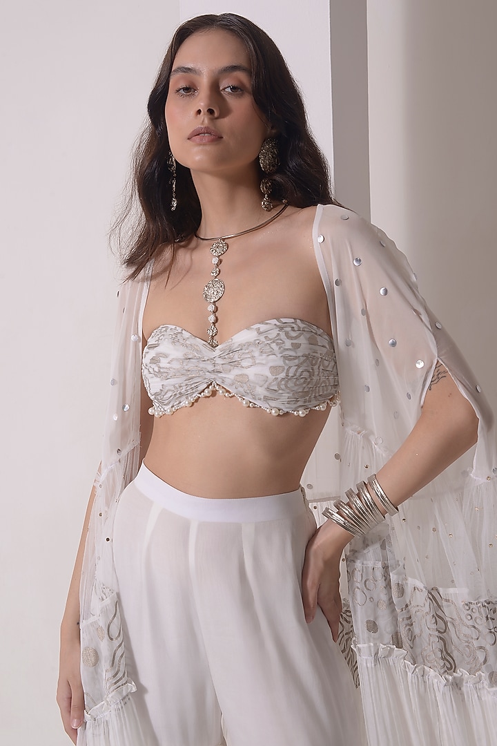 Ecru Mukaish Net & Crepe Gathered Party Wear Sharara Set by Shwetanga at Pernia's Pop Up Shop