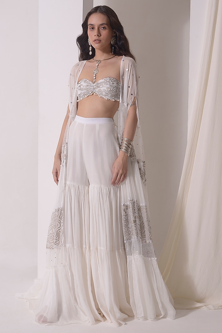 Ecru Mukaish Net & Crepe Gathered Party Wear Sharara Set by Shwetanga at Pernia's Pop Up Shop