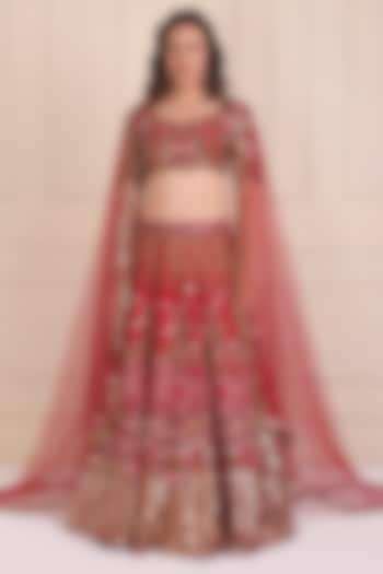 Raspberry Red Raw Silk Embroidered Bridal Lehenga Set by Shwetanga at Pernia's Pop Up Shop