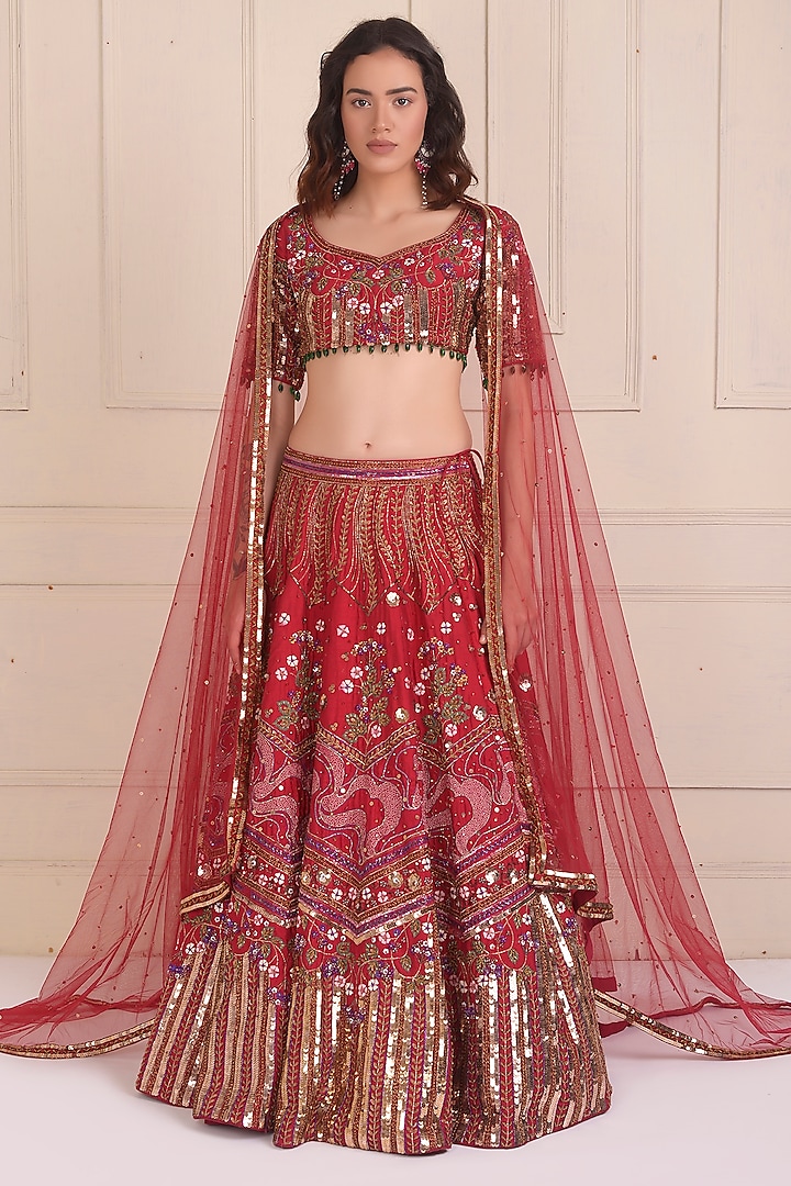 Raspberry Red Raw Silk Embroidered Bridal Lehenga Set by Shwetanga at Pernia's Pop Up Shop