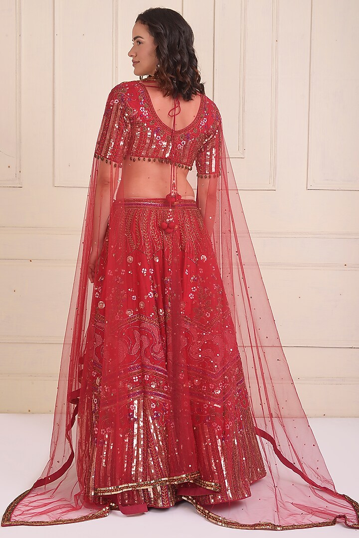 Raspberry Red Raw Silk Embroidered Bridal Lehenga Set by Shwetanga at Pernia's Pop Up Shop