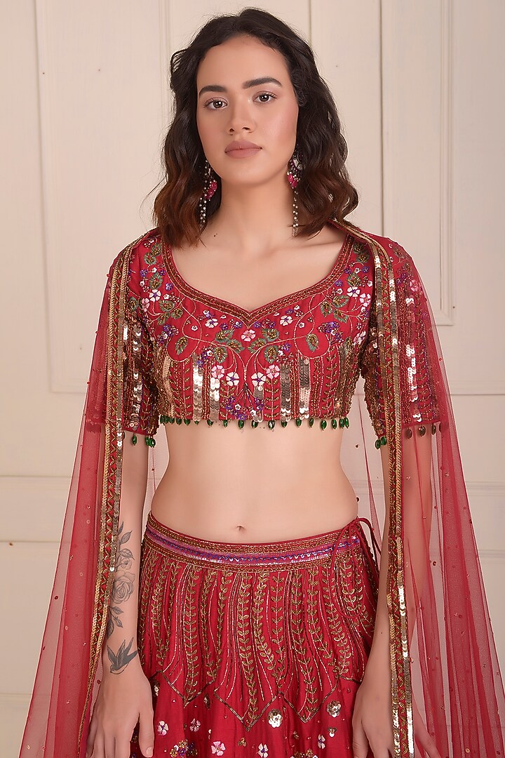 Raspberry Red Raw Silk Embroidered Bridal Lehenga Set by Shwetanga at Pernia's Pop Up Shop