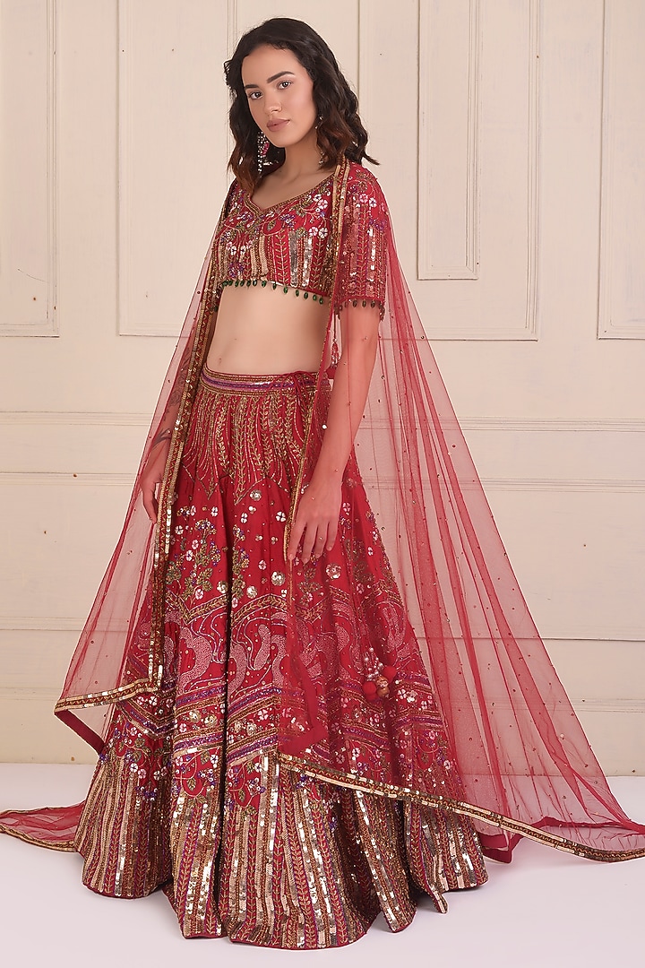 Raspberry Red Raw Silk Embroidered Bridal Lehenga Set by Shwetanga at Pernia's Pop Up Shop