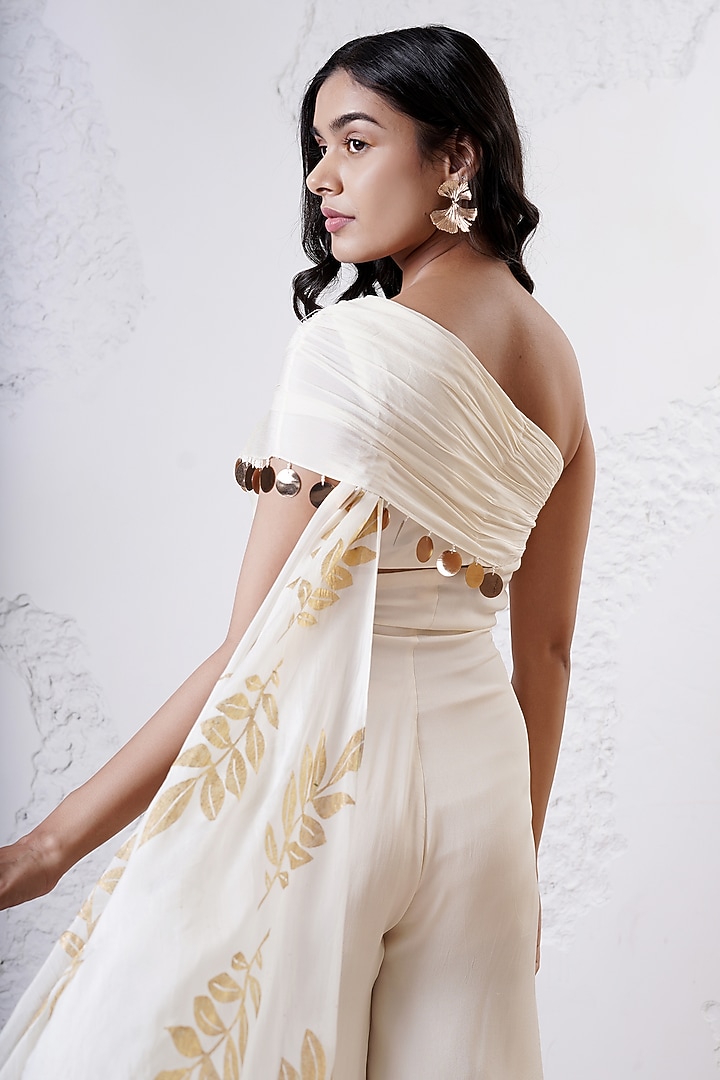 Ivory Organza & Crepe Foil Printed Jumpsuit by Shwetanga at Pernia's Pop Up Shop