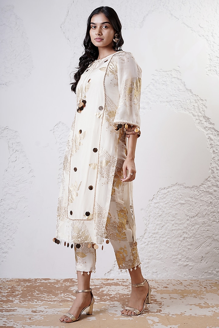 Ivory & Gold Organza Foil Printed Kurta Set by Shwetanga