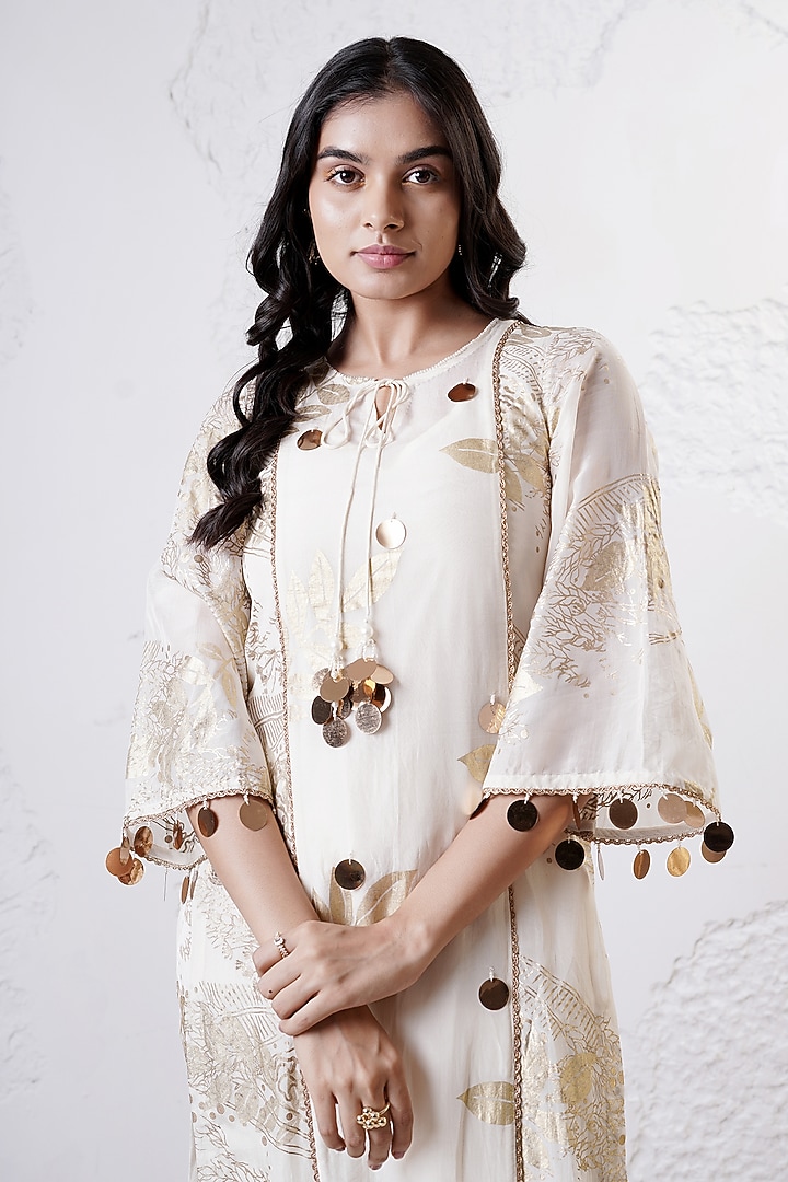 Ivory & Gold Organza Foil Printed Kurta Set by Shwetanga at Pernia's Pop Up Shop