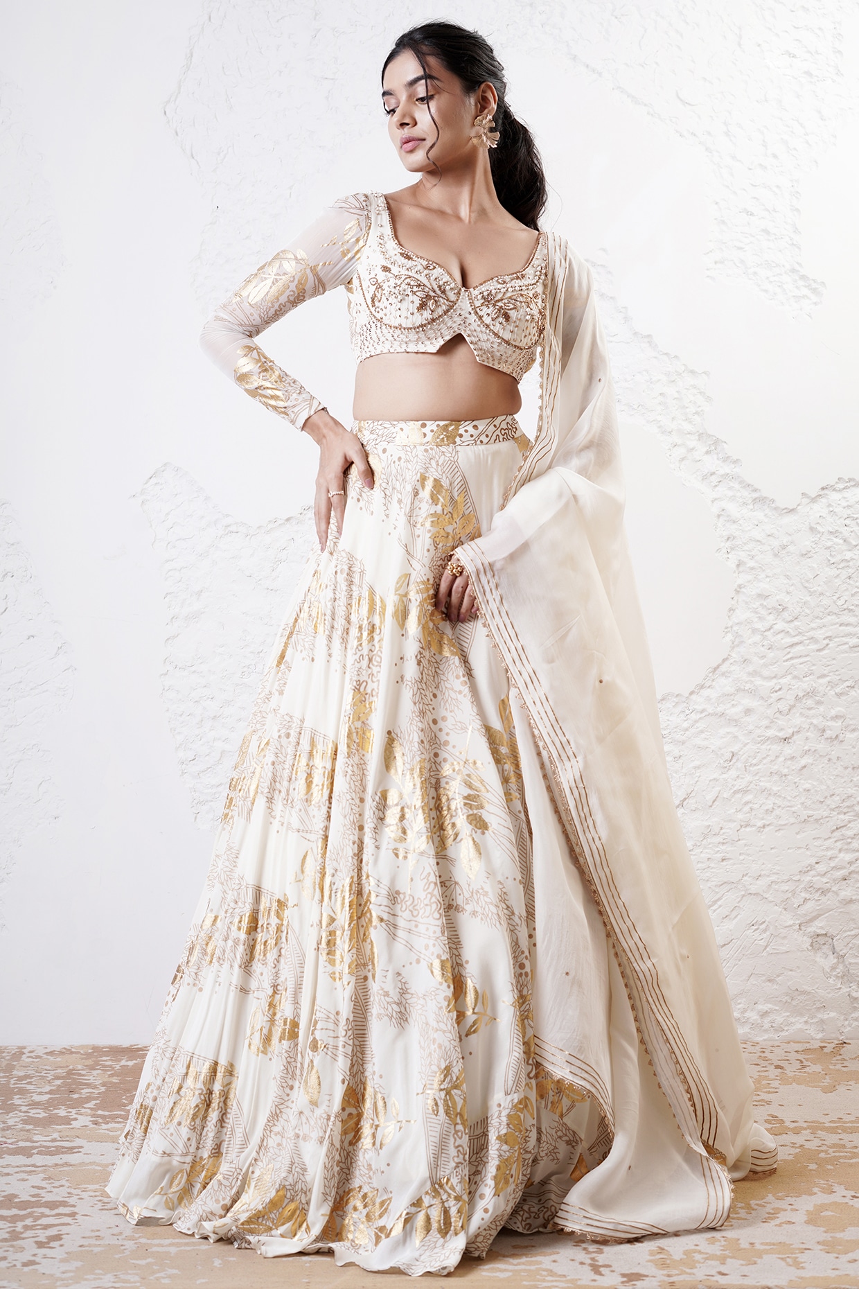 Ivory & Gold Organza Foil Printed Wedding Lehenga Set by Shwetanga at ...