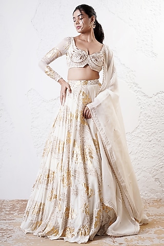 Ivory & Gold Organza Foil Printed Lehenga Set by Shwetanga