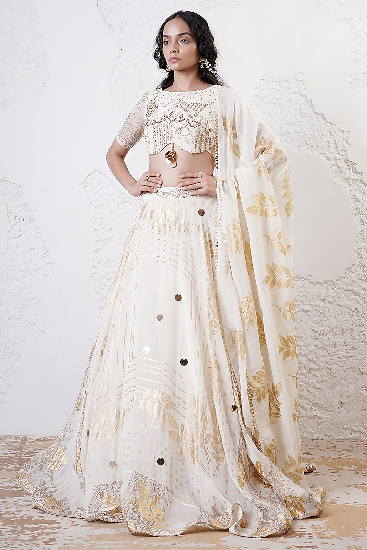 Ivory & Gold Organza Foil Printed Lehenga Set by Shwetanga