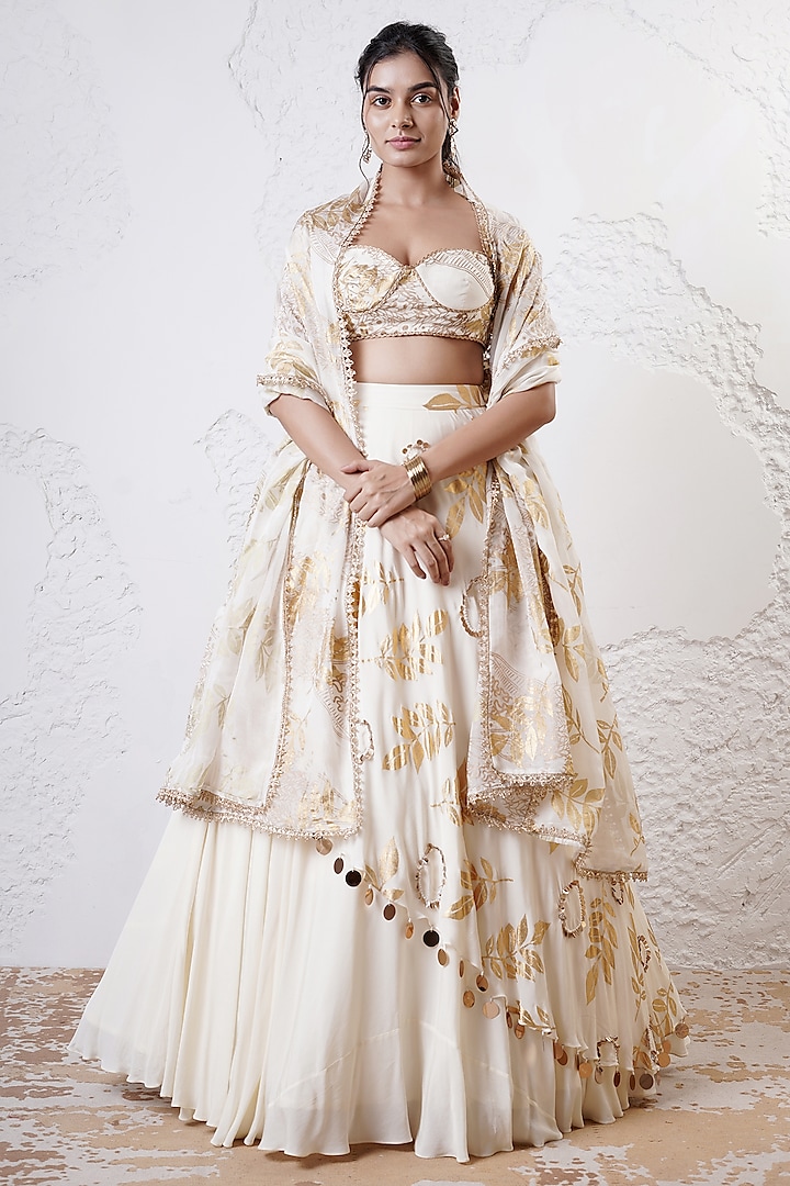 Ivory & Gold Organza Foil Printed Layered Lehenga Set by Shwetanga