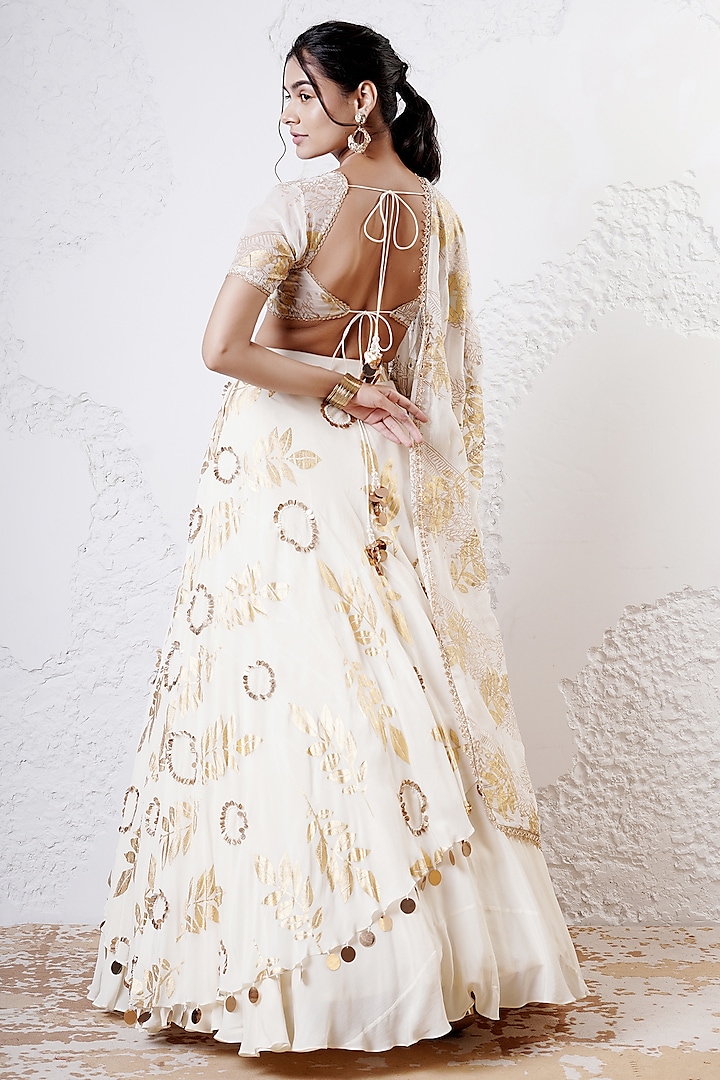 Ivory & Gold Organza Foil Printed Layered Wedding Lehenga Set by Shwetanga at Pernia's Pop Up Shop