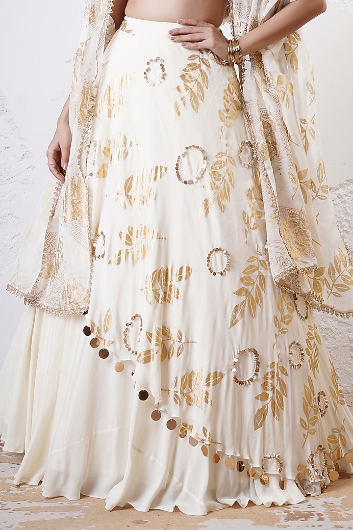 Ivory & Gold Organza Foil Printed Layered Wedding Lehenga Set by Shwetanga at Pernia's Pop Up Shop