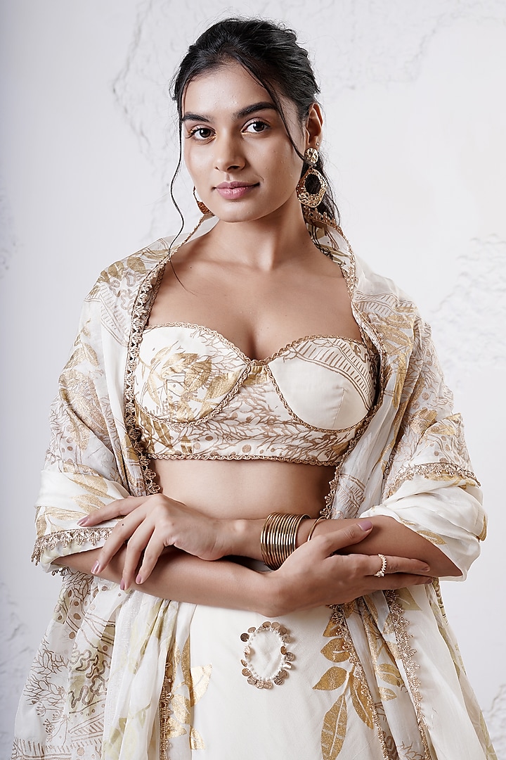Ivory & Gold Organza Foil Printed Layered Wedding Lehenga Set by Shwetanga at Pernia's Pop Up Shop