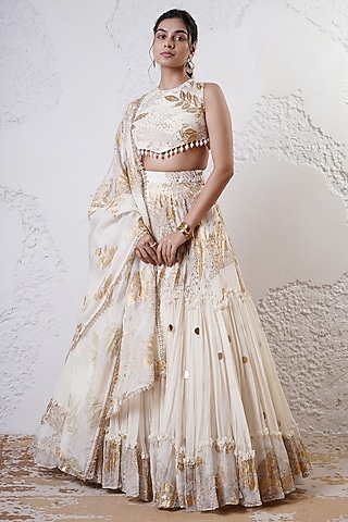 Ivory & Gold Organza Foil Printed Tiered Lehenga Set by Shwetanga