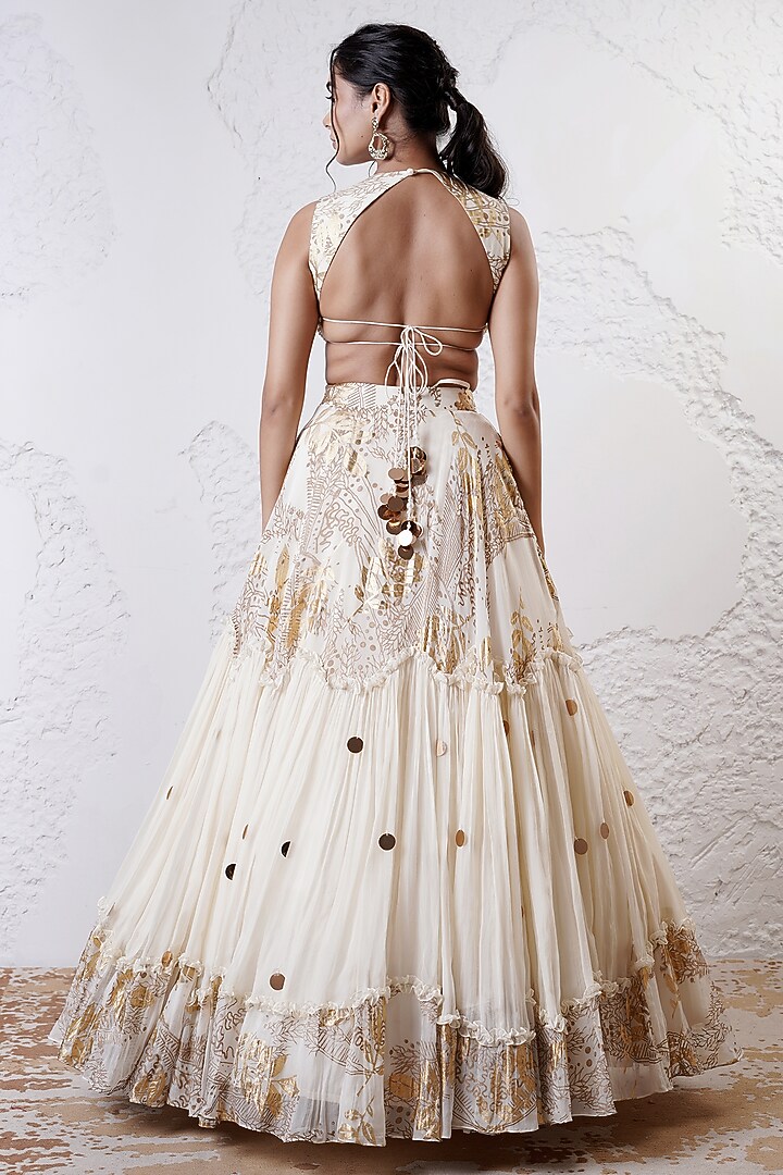 Ivory & Gold Organza Foil Printed Tiered Wedding Lehenga Set by Shwetanga at Pernia's Pop Up Shop