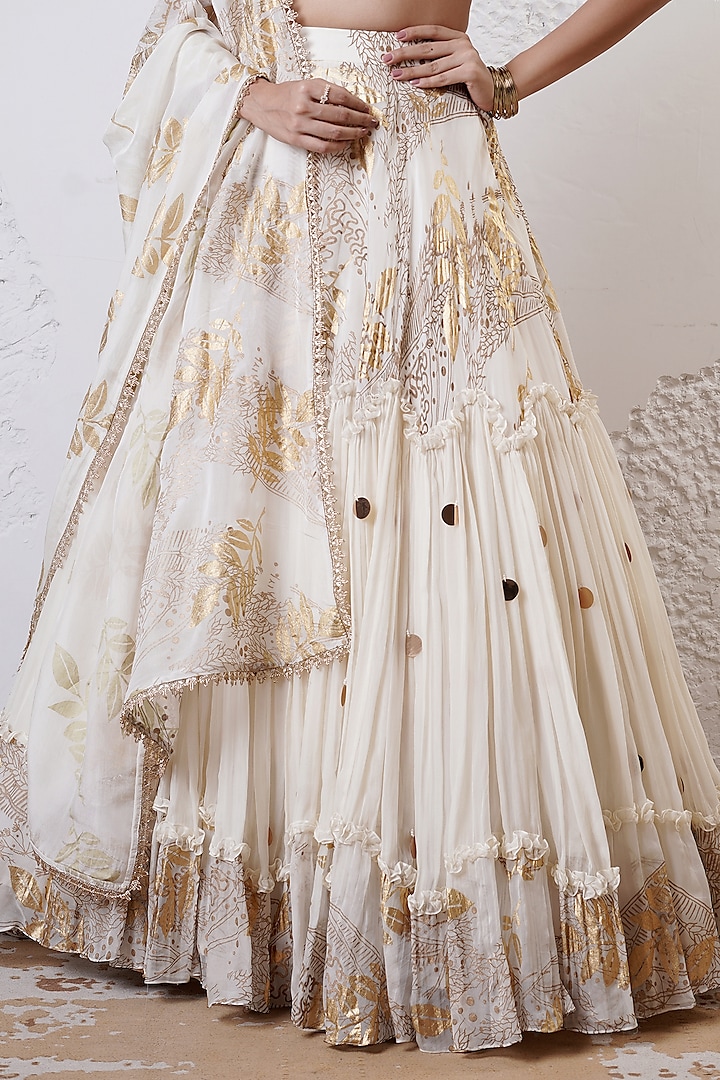 Ivory & Gold Organza Foil Printed Tiered Wedding Lehenga Set by Shwetanga at Pernia's Pop Up Shop