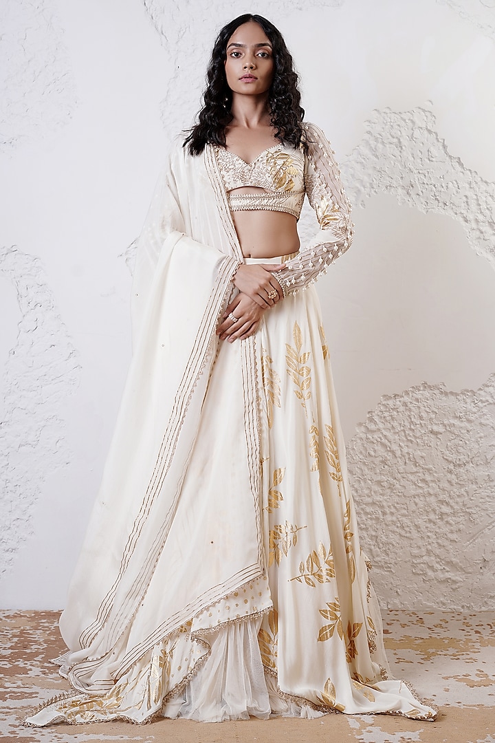 Ivory & Gold Organza Foil Printed Asymmetric Lehenga Set by Shwetanga