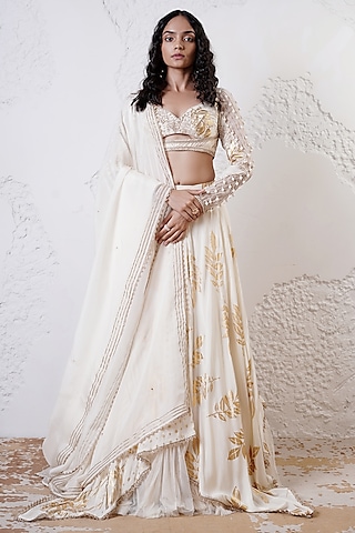 Ivory & Gold Organza Foil Printed Asymmetric Lehenga Set by Shwetanga