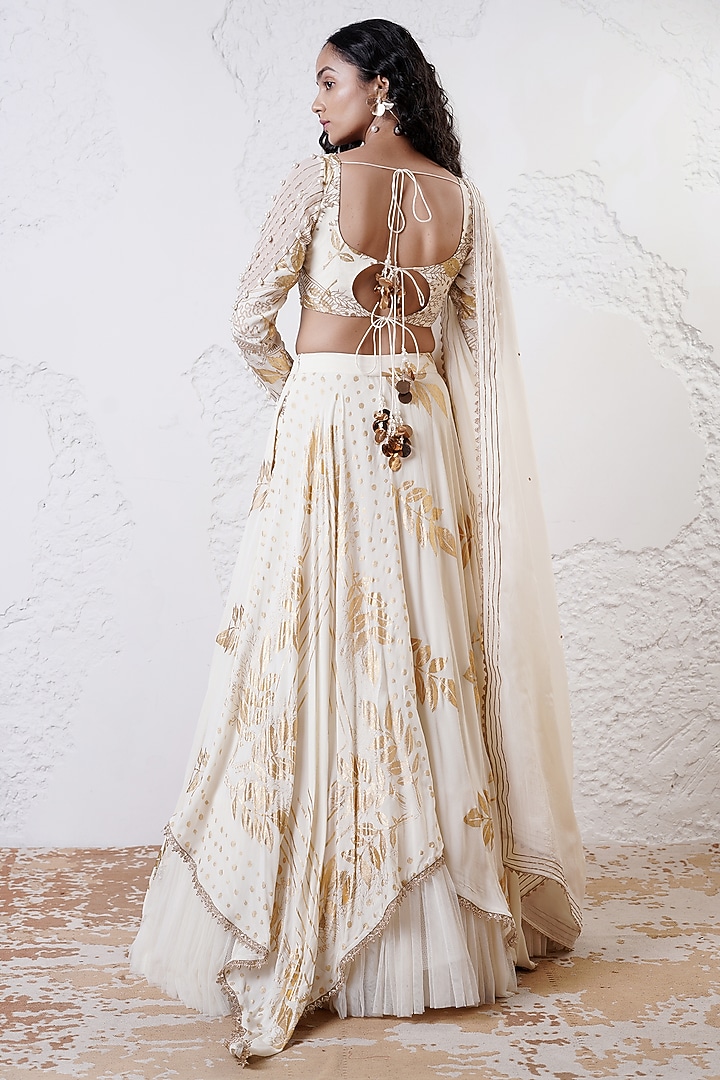 Ivory & Gold Organza Foil Printed Asymmetric Wedding Lehenga Set by Shwetanga at Pernia's Pop Up Shop