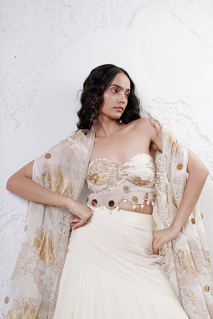 Ivory Organza Layered Jacket Wedding Lehenga Set by Shwetanga at Pernia's Pop Up Shop