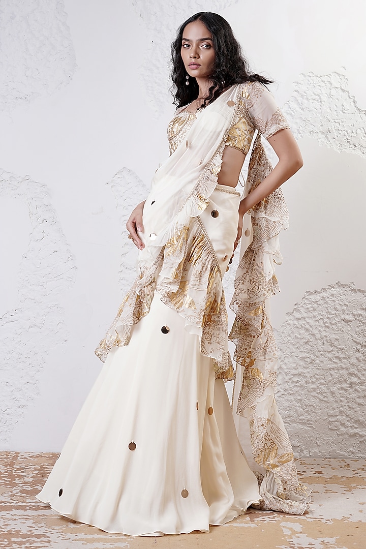 Ivory & Gold Organza Draped Ruffled Saree Set by Shwetanga at Pernia's Pop Up Shop