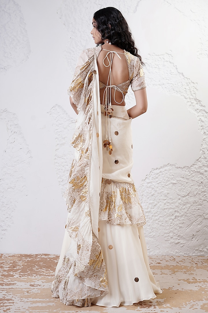 Ivory & Gold Organza Draped Ruffled Party Wear Saree Set by Shwetanga at Pernia's Pop Up Shop